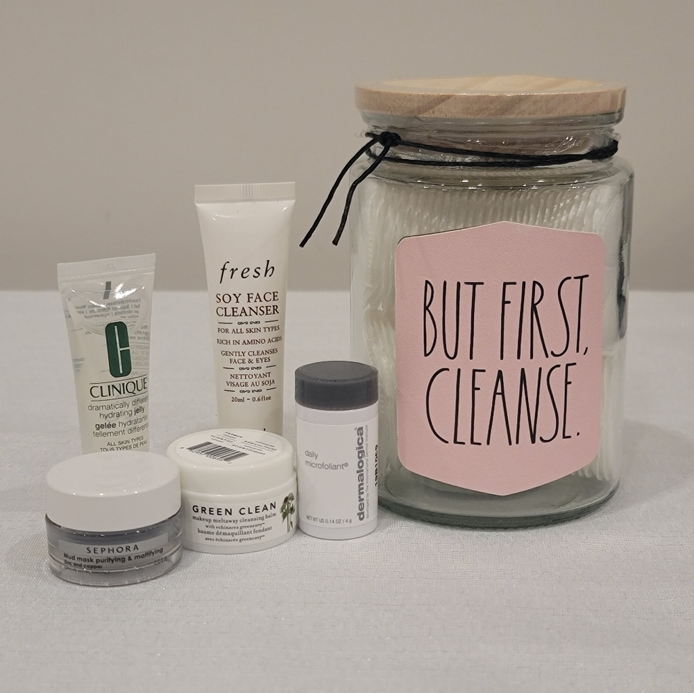 But First Cleanse Rae Dunn Jar with 60 Cotton Rounds and 5 Sample Skin Products